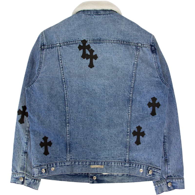 Leather Patch Shearling Blue Denim Trucker | Chrome Hearts