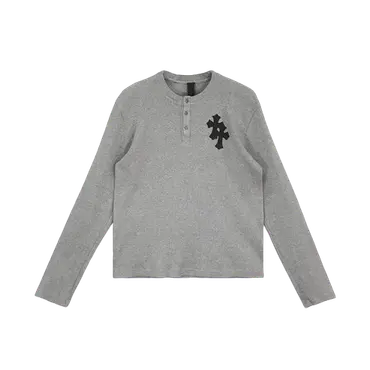 Gray Thermal Silver Buttons with Leather Cross Patch Long Sleeve Tshirt