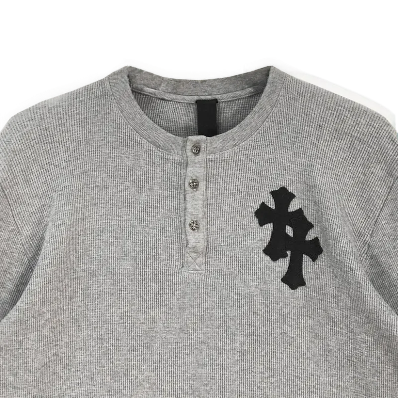 Gray Thermal Silver Buttons with Leather Cross Patch Long Sleeve Tshirt